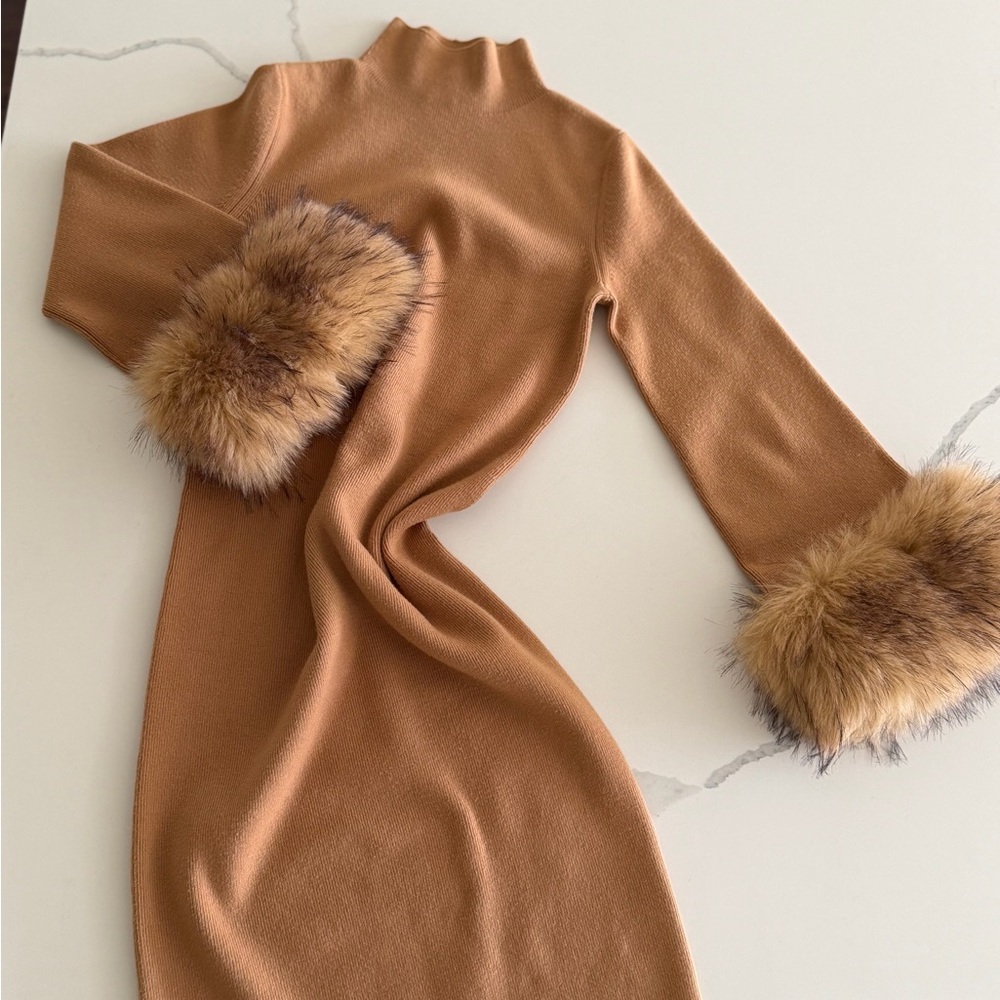 Tyler Boe Camel Knit Midi Dress with Faux-Fur Cuffs